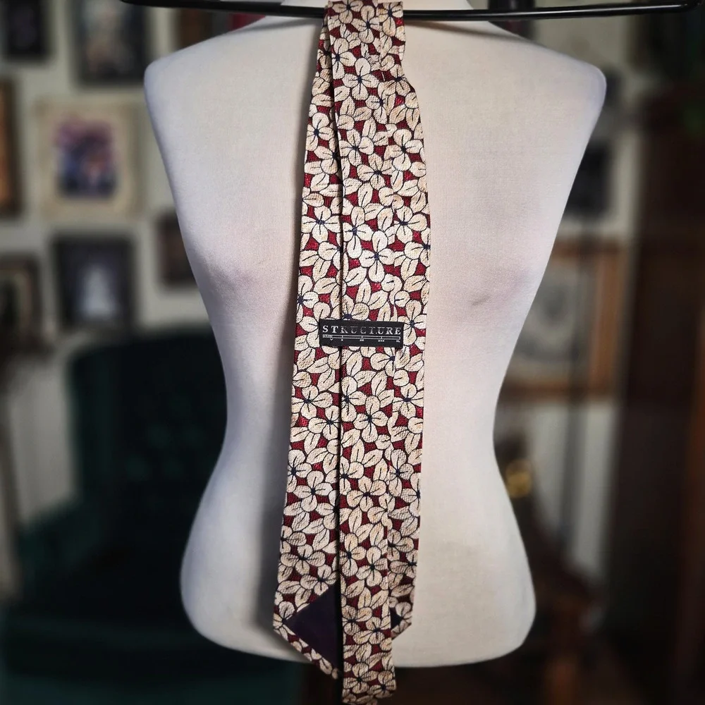 Structure Silk Tie Vintage 90s Mens Red Gold Floral Geometric Necktie USA Made